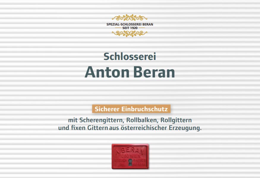 Titelseite Folder der Schlosserei Anton Beran, Aufschrift: Sicherer Einbruchschutz mit Scherengittern, Rollbalken, Rollgittern und fixen Gittern aus österreichischer Erzeugung"
